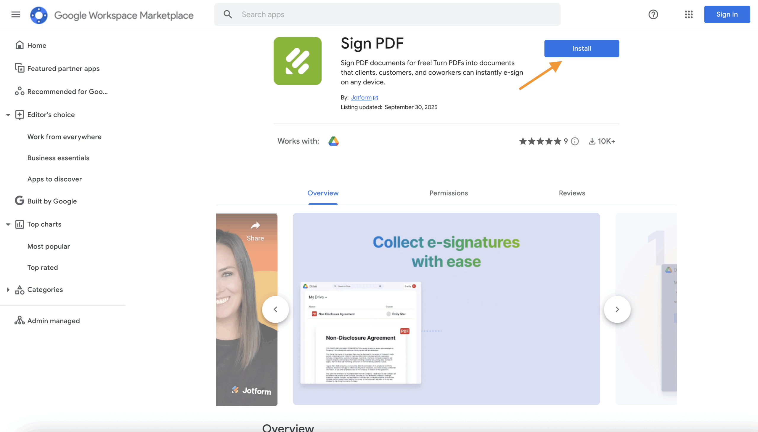 Clicking on the Install button on the Sign PDF with Jotform page on Google Workspace Marketplace
