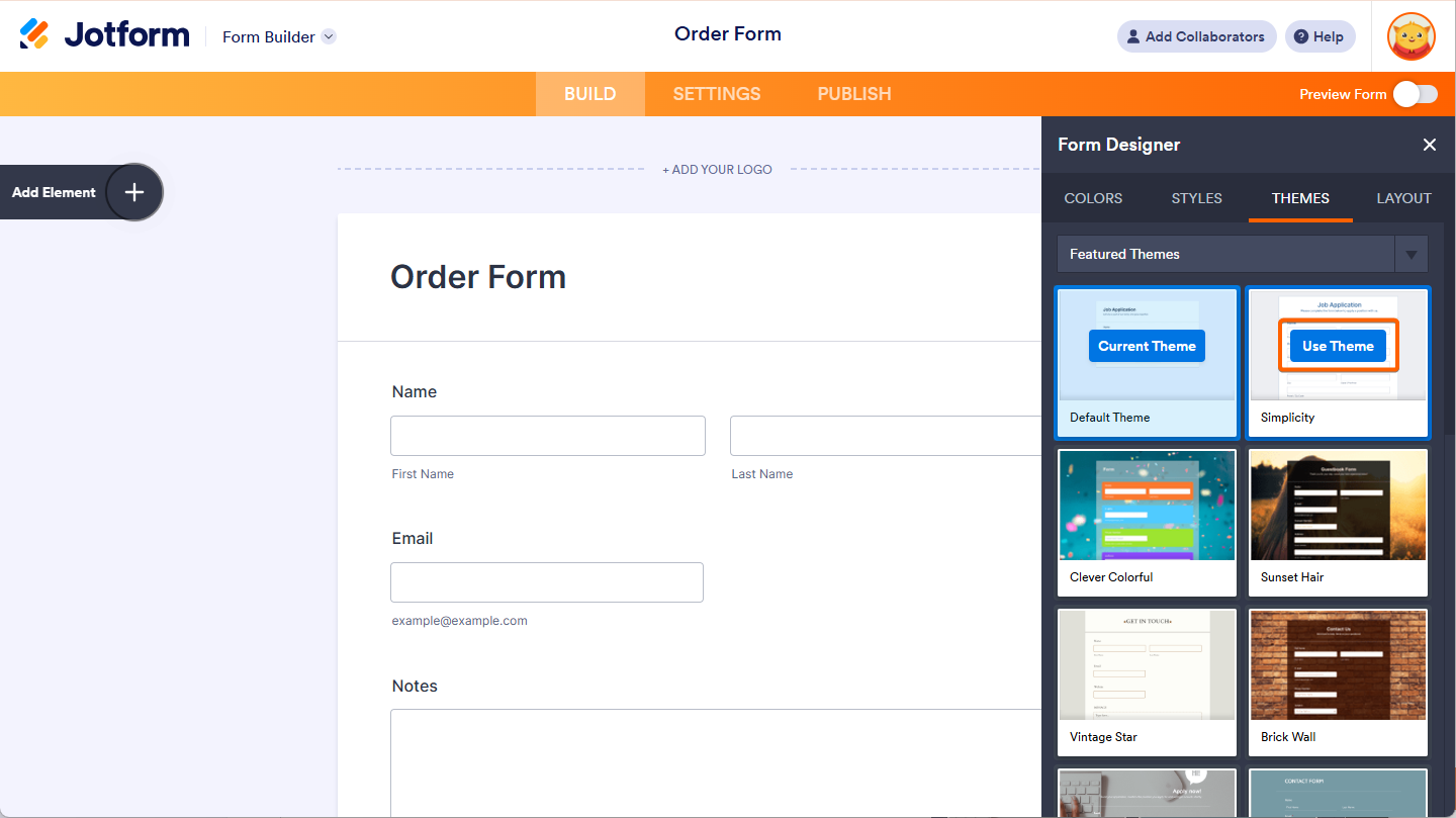 Click Use Theme Button to Apply in in your Form in Jotform