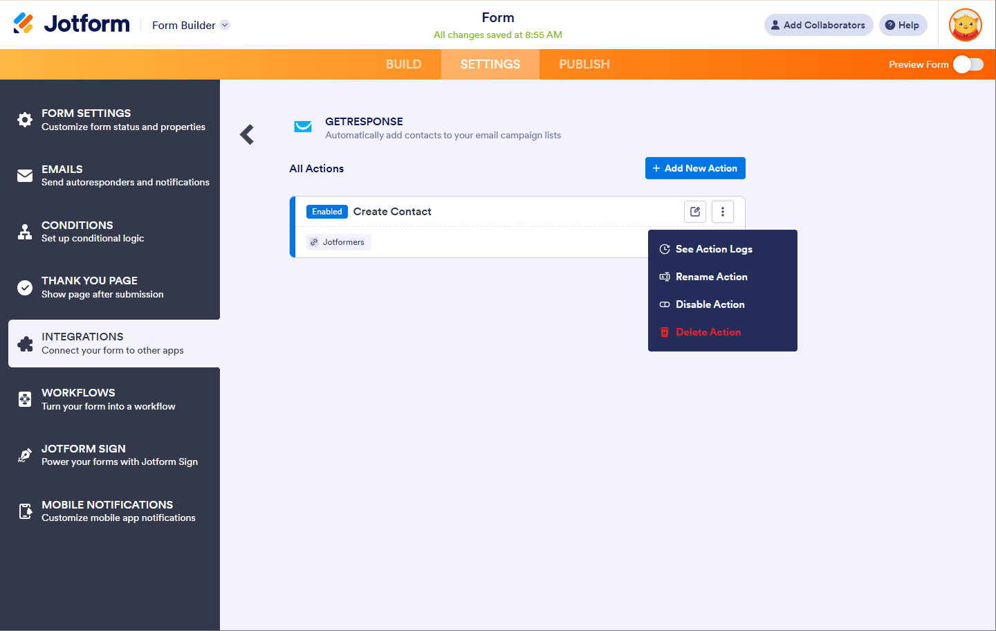 Registros de Acción de la Integración de Get Response en Jotform