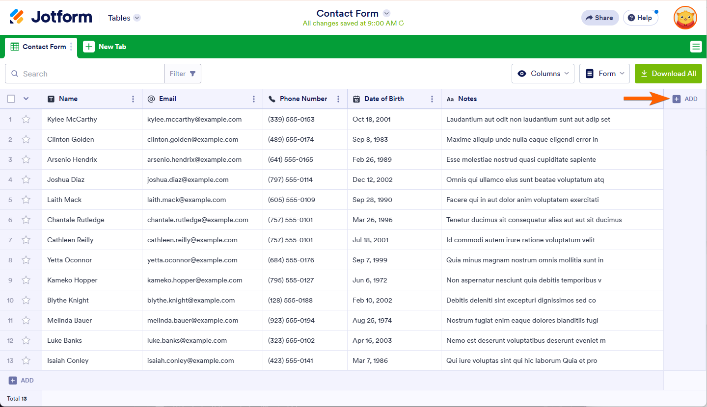 Add new column in Jotform Tables