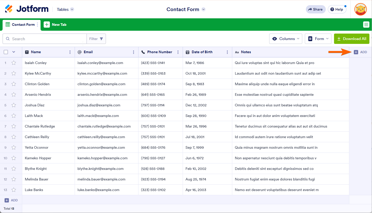 Add a New Column to open the New Column window in Jotform Tables