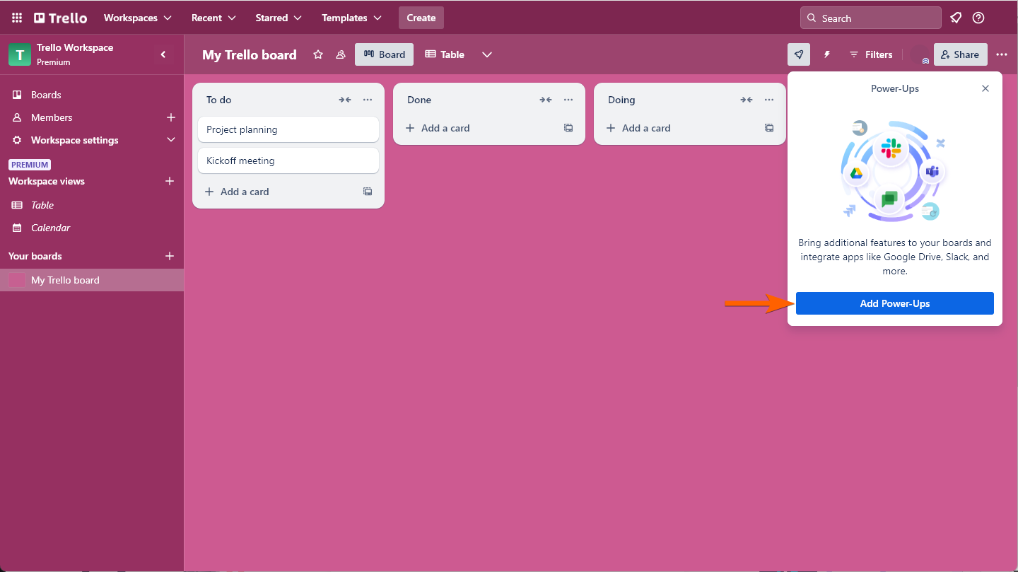 Botón Añadir Power-Ups en el Tablero de Trello