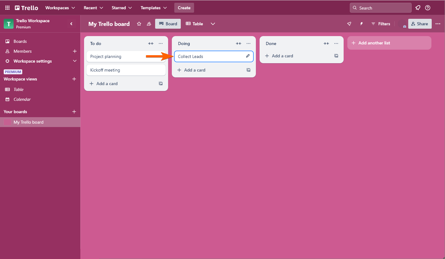 Haciendo clic en la Tarjeta para abrir la Ventana de Tarjeta en Trello