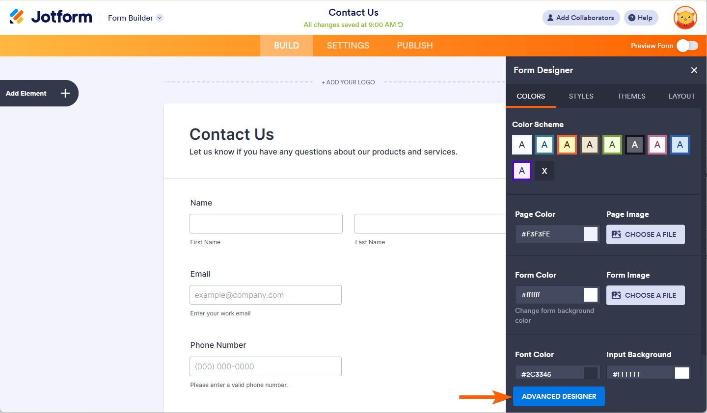 Advance Designer Button to open the Advanced Designer Page