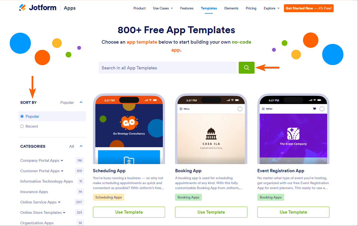Search in, Sorted Categories in Jotform App Template Website