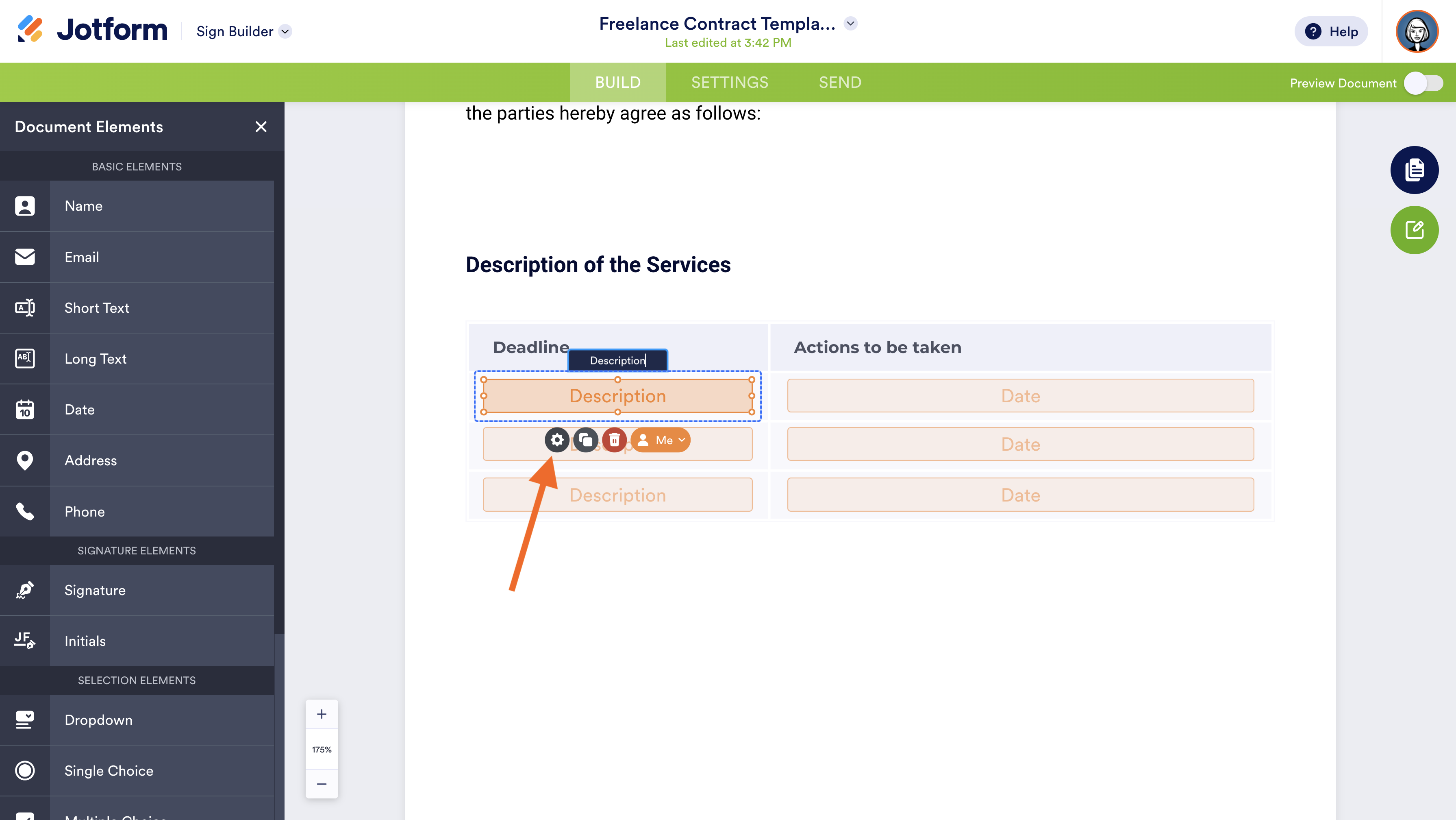 Clicking on the Gear icon on Jotform Sign Builder