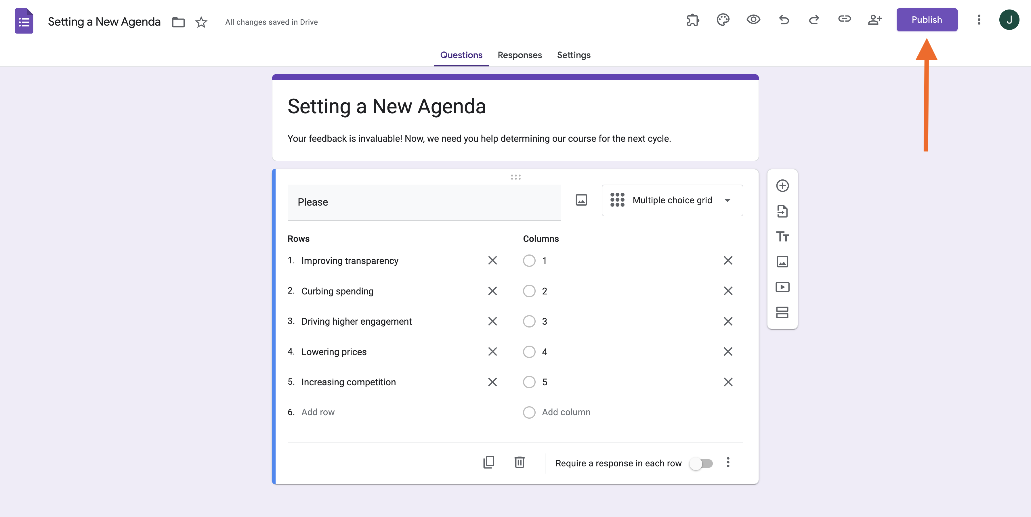 Google Formlar'da Yayınla düğmesine tıklama