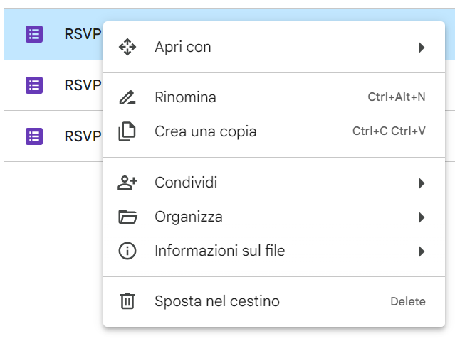 Screenshot di un'interfaccia di Google Drive con un menu a tendina aperto
