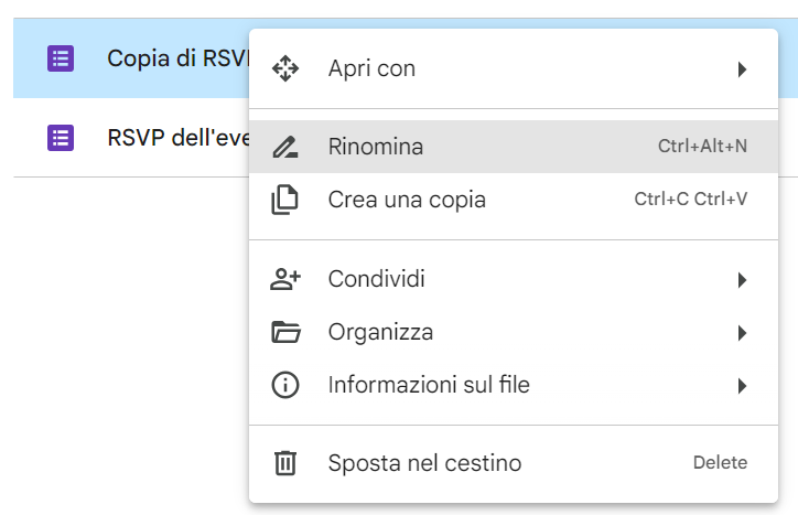 Screenshot di un'interfaccia di Google Drive con un menu a tendina aperto