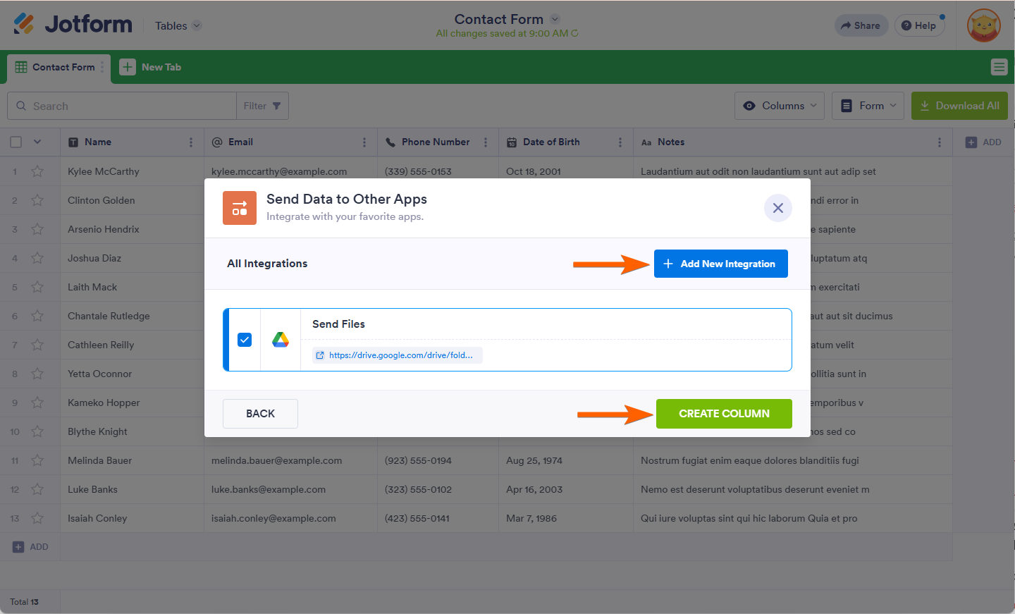 Create Column and Add New Integration buttons in Jotform's Action Button setup