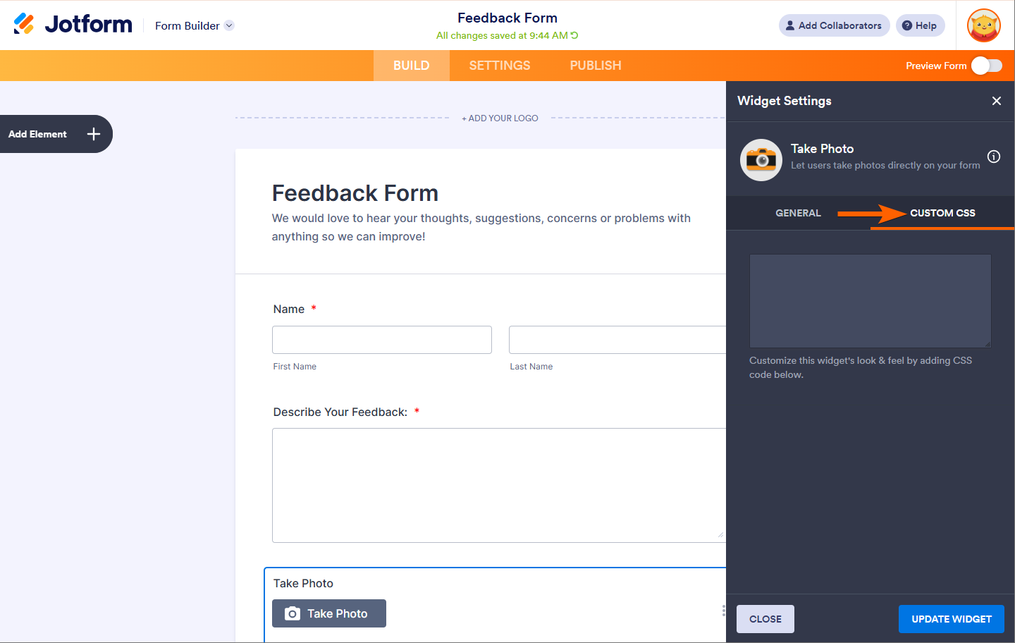 Pestaña de CSS Personalizado de la Configuración del Widget Tomar Foto