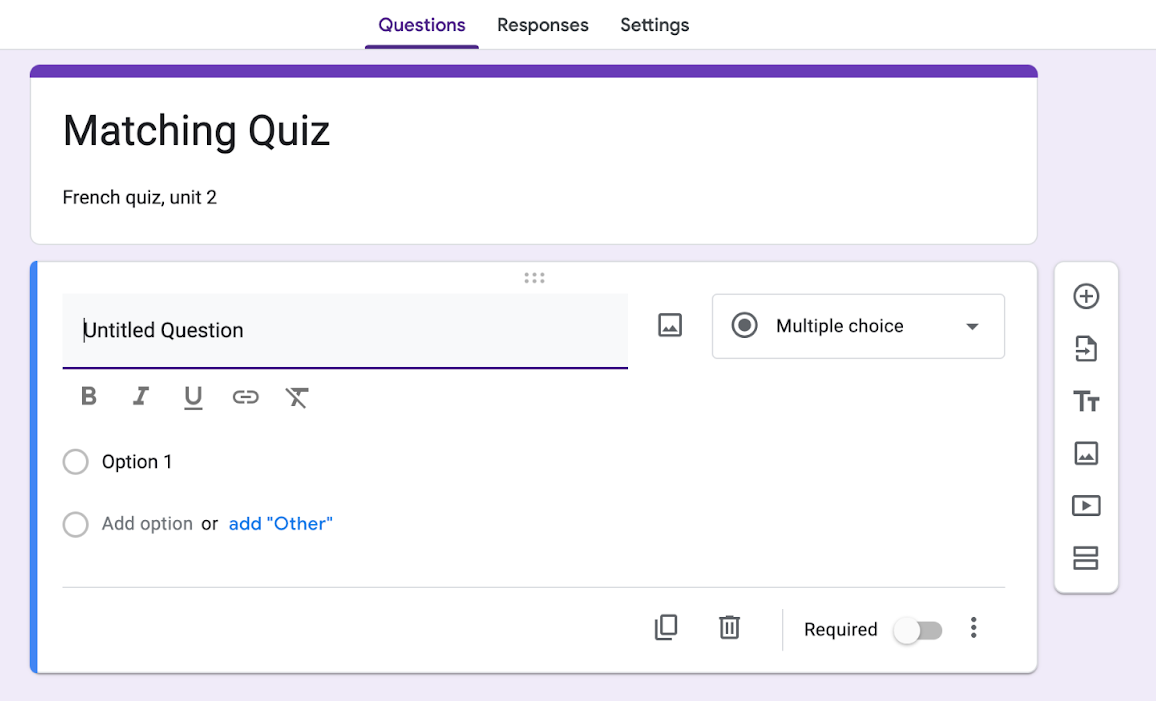 Tangkapan layar Google Form berjudul "Matching Quiz" dengan pertanyaan pilihan ganda tanpa judul