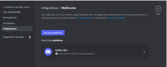 Capture d’écran du menu webhook de Discord après la création d’un nouveau webhook