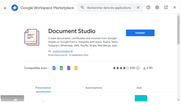 Capture d’écran de la page d’installation de Document Studio