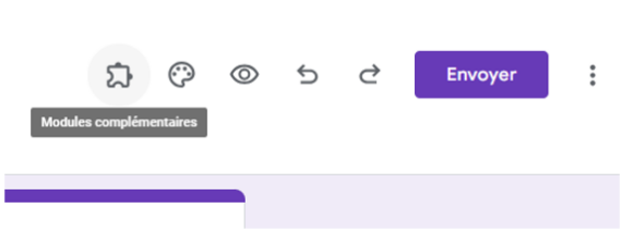 Capture d’écran du menu Google Forms après l’installation d’un module complémentaire