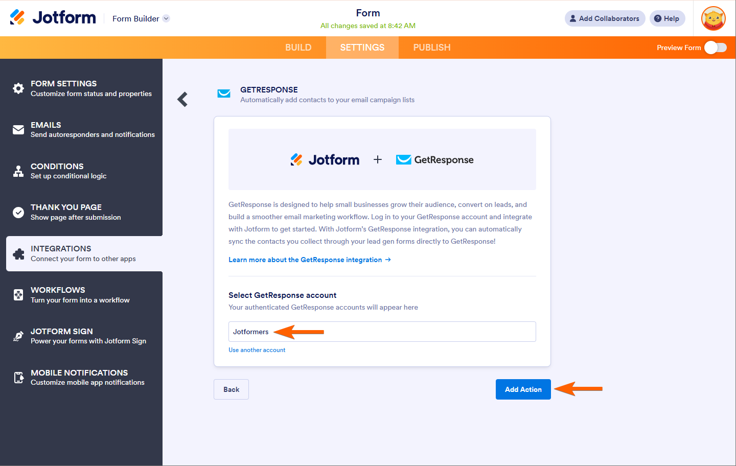 Seleccionando Cuentas Previamente Autenticadas en la Integración de GetResponse en Jotform