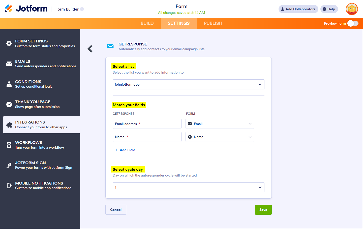 GetResponse Integrando los Campos en Jotform