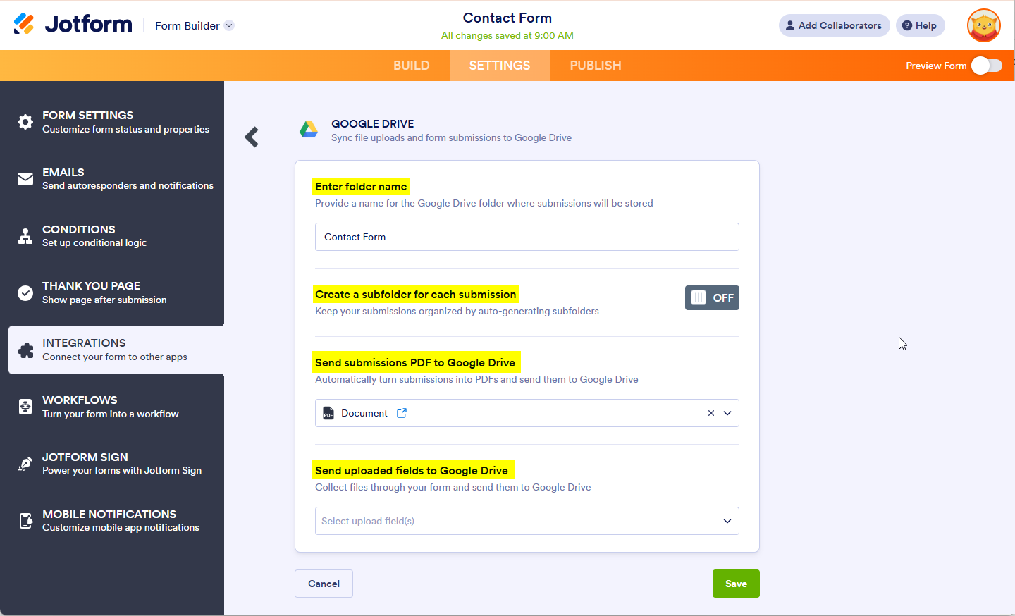 Google Drive Integration Set up in Jotform