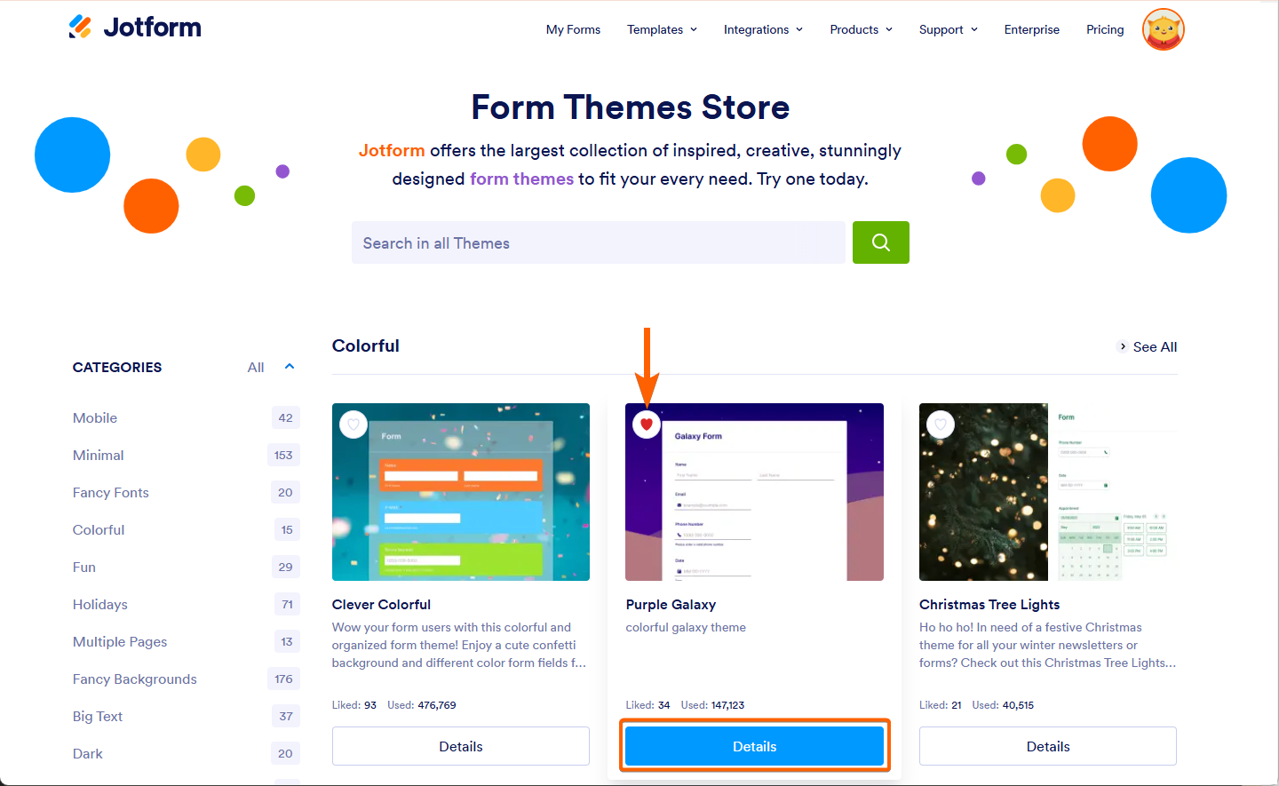Heart Icon and Details Button in Jotform Form Themes Store