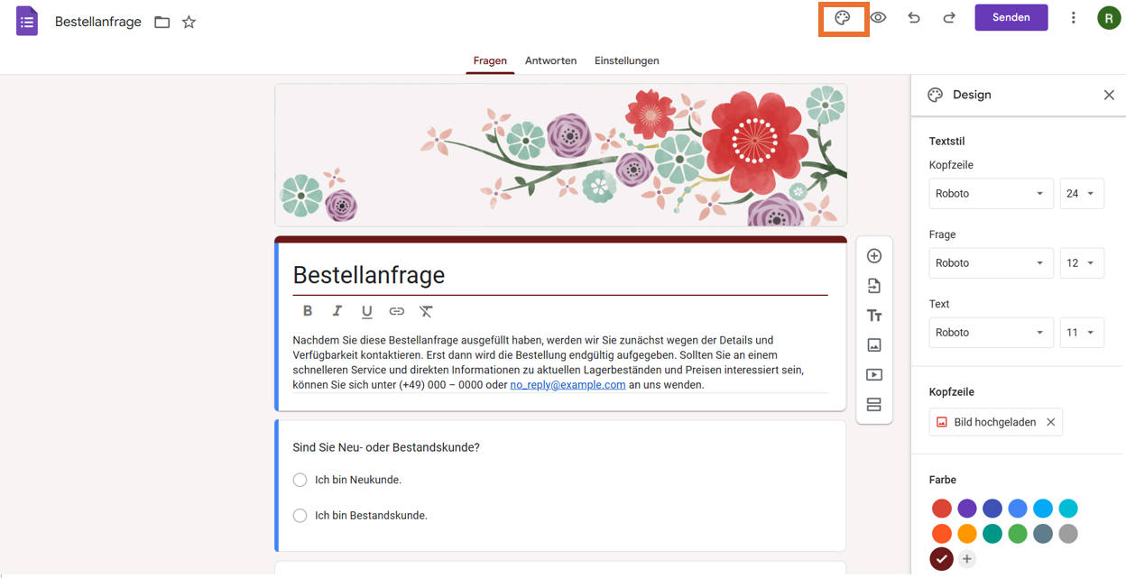 Klicken auf das Palettensymbol in Google Forms