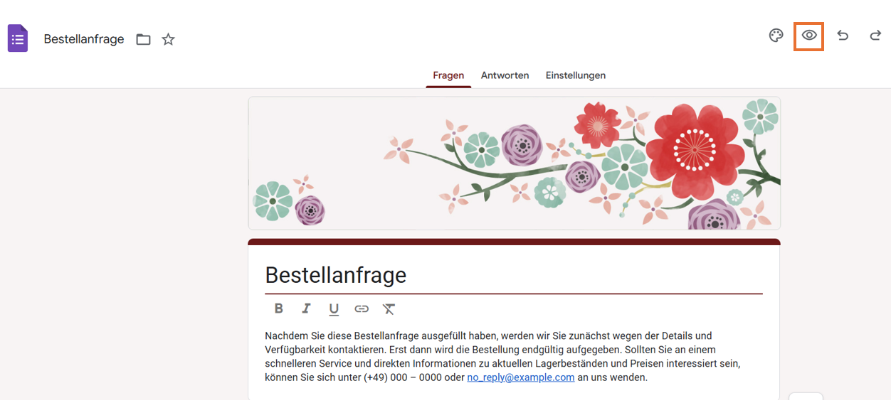 Klicken auf die Schaltfläche „Vorschau“ in Google Forms