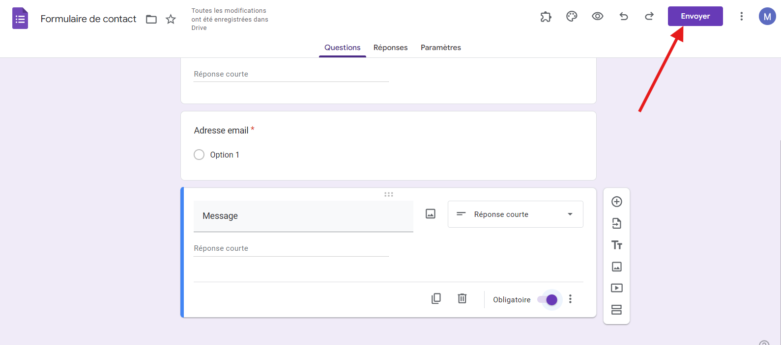 Capture d’écran du menu supérieur d’un formulaire Google Forms, notamment le bouton violet « Envoyer » situé à l’extrême droite de ce menu
