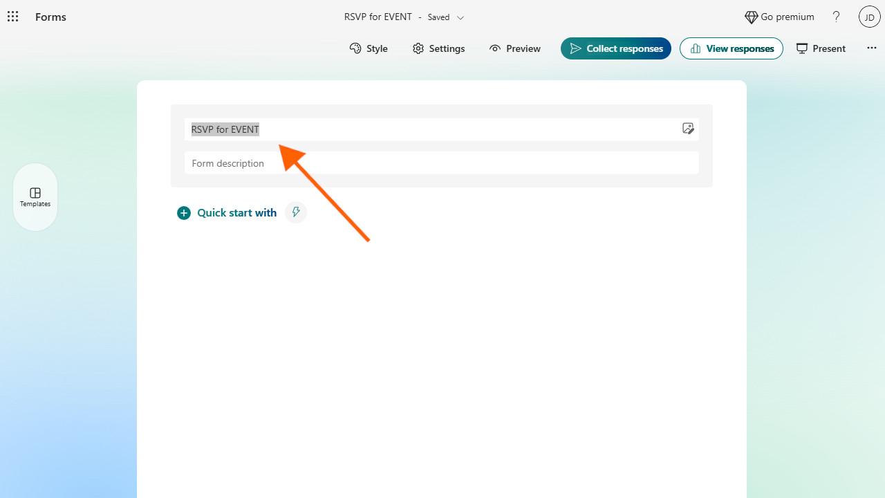 Form title and description fields filled in with sample event information