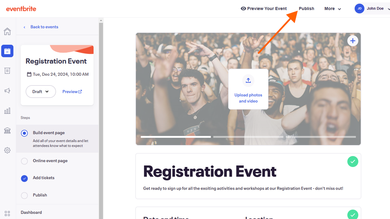Screenshot of the Eventbrite dashboard with an arrow pointing to "Publish"