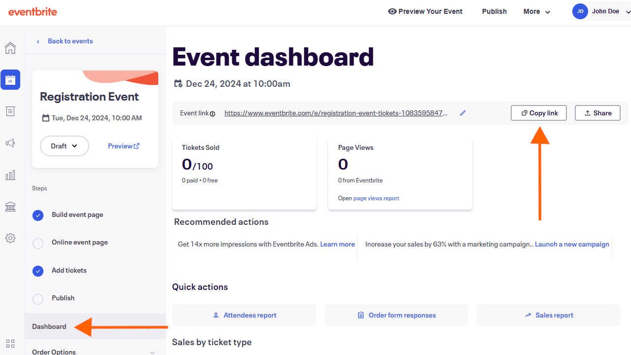 Screenshot of the Eventbrite Dashboard with an arrow pointing to "Dashboard" and "Copy Link"