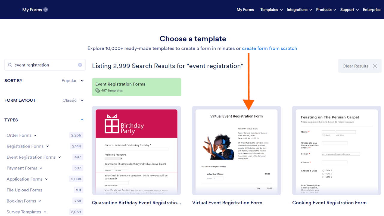 Screenshot of Jotform's "Choose a template" page with an arrow pointing to a template
