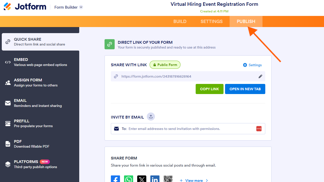 Screenshot of the Jotform form building with an arrow pointing to the "Publish" tab