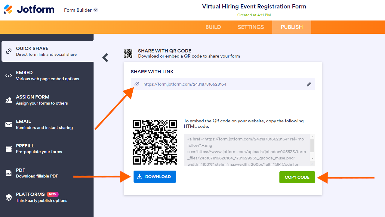 Jotform form builder QR page, with an arrow pointing to "Share with Link" and another to "Download"