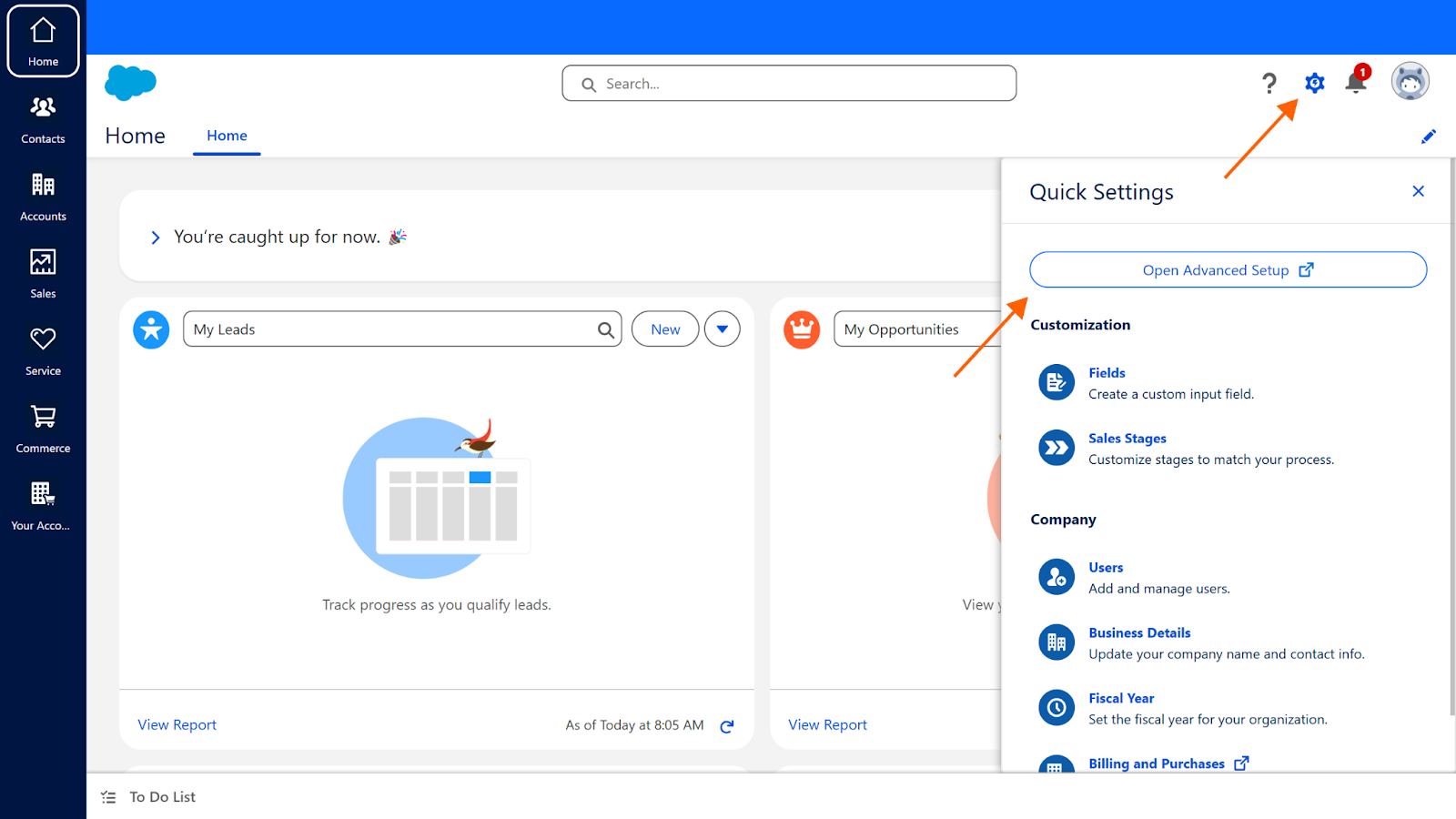 Screenshot of the Salesforce home menu with arrows pointing to the "Quick Settings" and "Open Advanced Setup" buttons