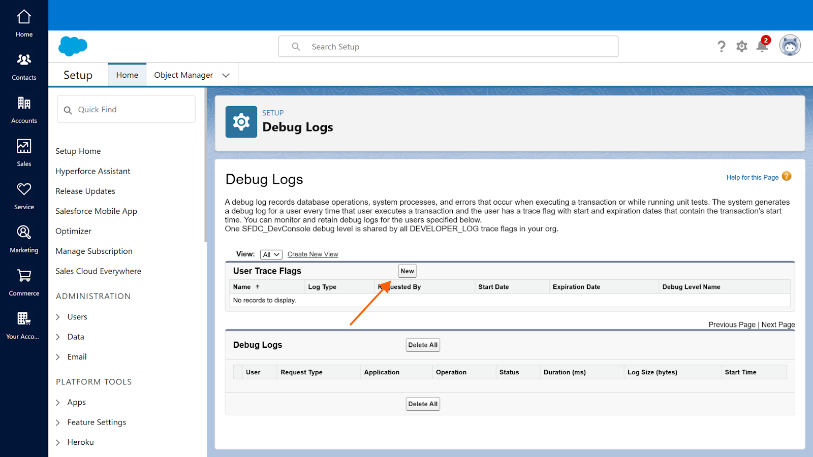 Screenshot of the Salesforce "Debug Logs" menu, with an arrow pointing to the "New" button under the "User Trace Flags" submenu
