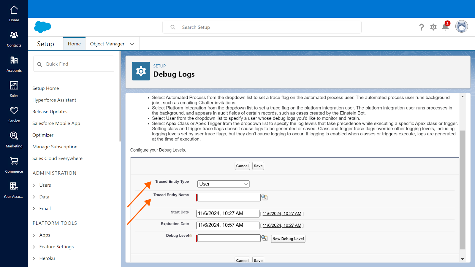 Screenshot of the "Salesforce Debug Logs" setup menu with arrows pointing to the "Traced Entity Type" and "Traced Entity Name" fields