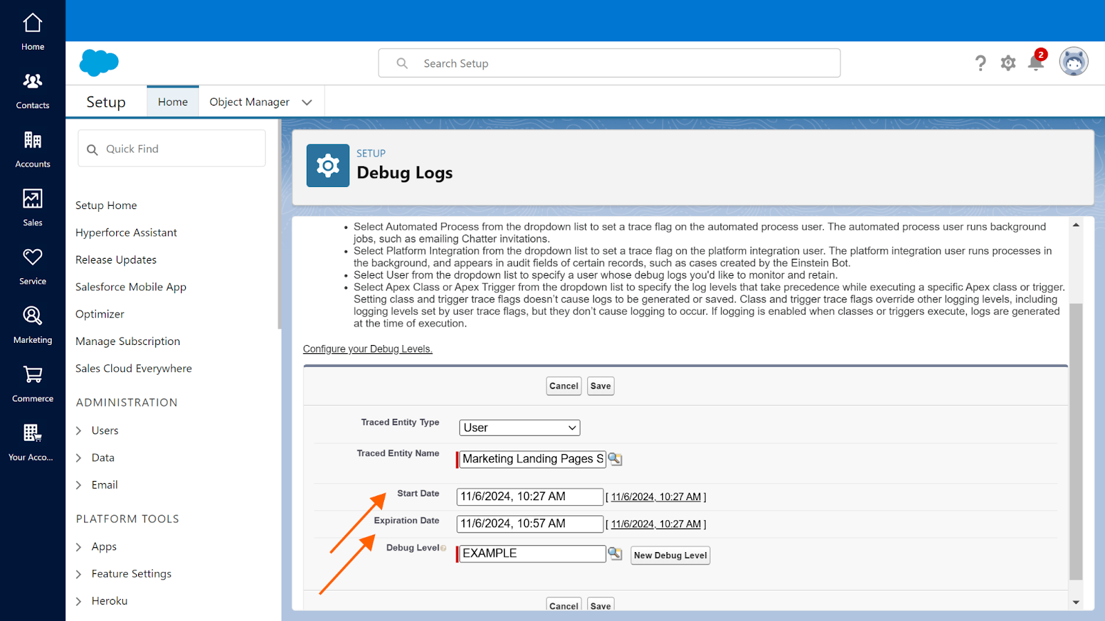 Screenshot of the "Salesforce Debug Logs" setup menu with arrows pointing to the "Start Date" and "Expiration Date" fields