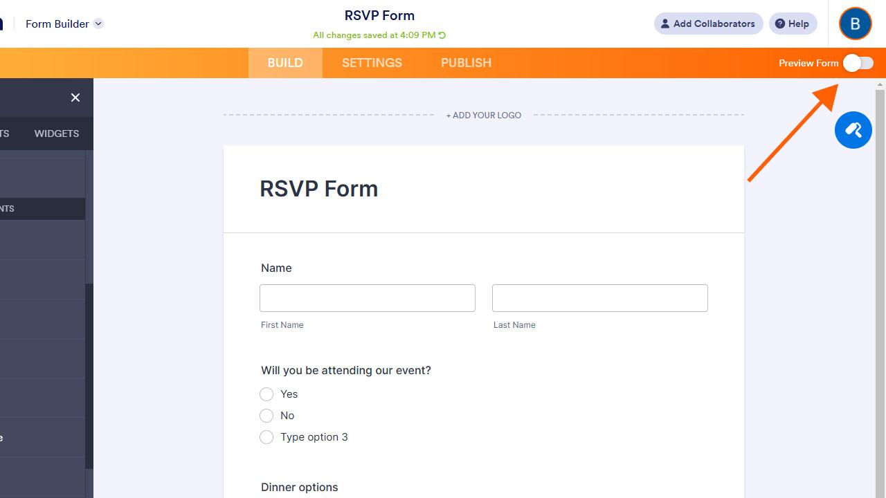 RSVP Form shot, showing name, attending questions, etc
