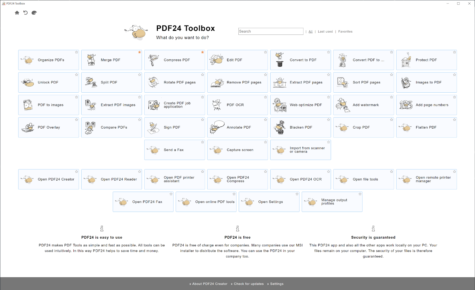PDF24 website homepage showing the tool's various features, including "Merge PDF," "Compress PDF," "Edit PDF," "Convert to PDF," and "Sign PDF
