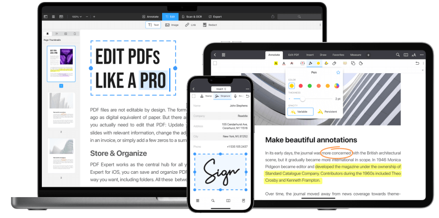 Example screens showing PDF Expert's interfaces, including editing a PDF, adding an e-signature field, and annotating a PDF