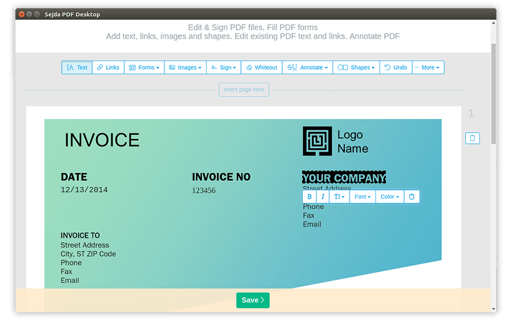 Sejda PDF Editor interface showing an example invoice and its text-editing features over the company name field
