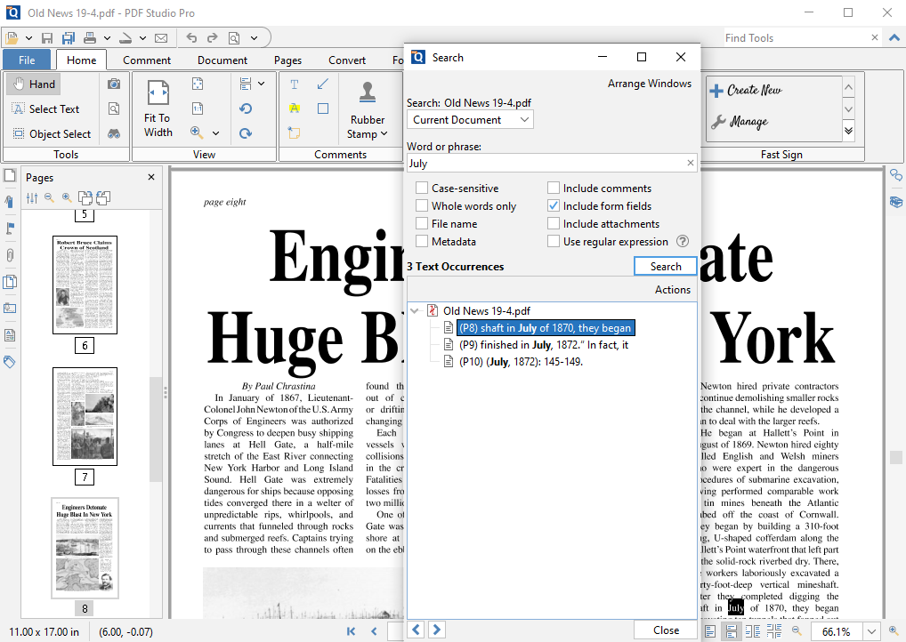 PDF Studio interface with a PDF newspaper showing the tool's text search function