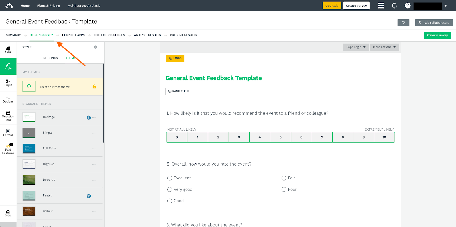 General Event Feedback Template in SurveyMonkey Clicking on the Design Survey tab