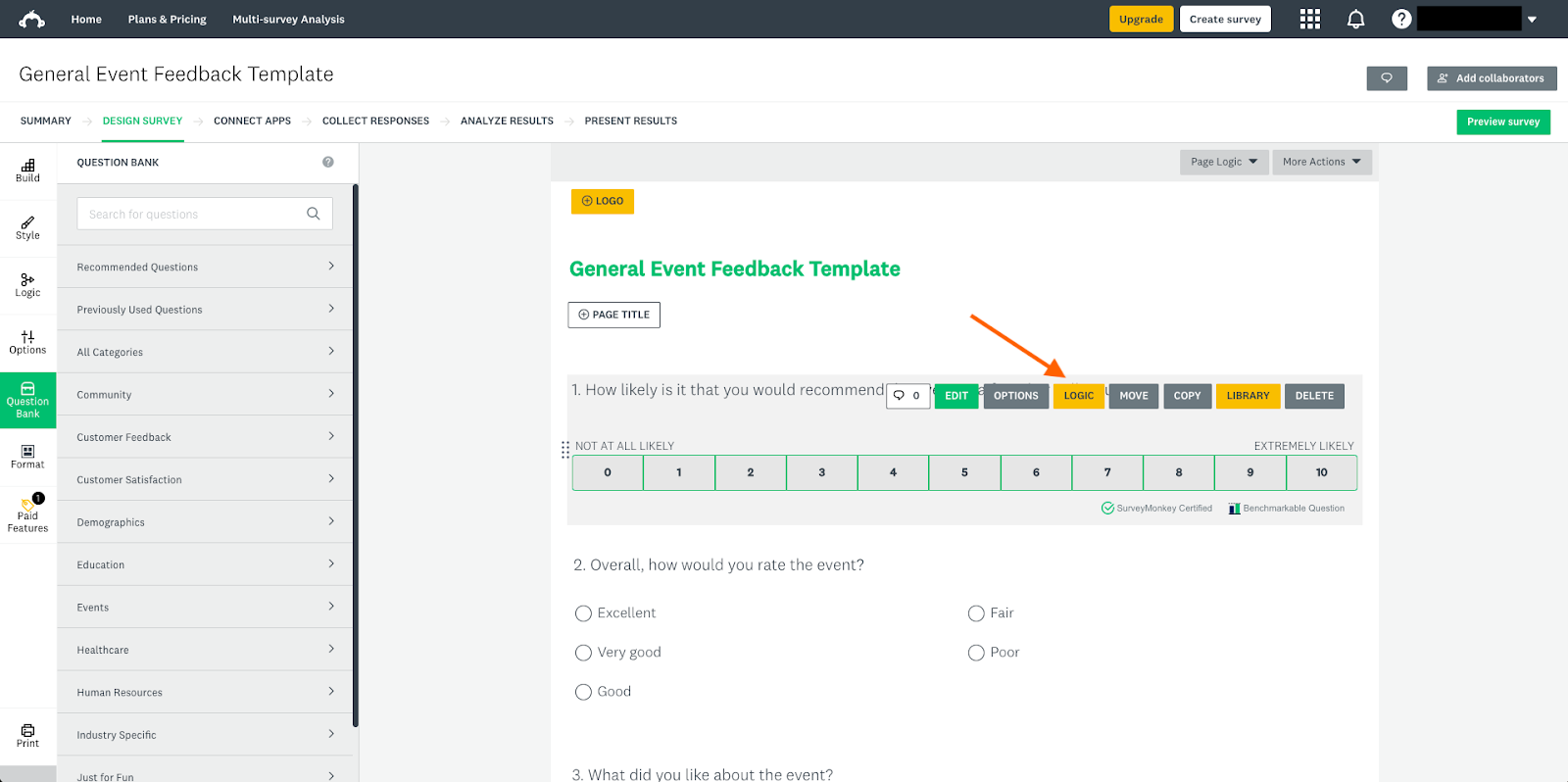 Screenshot showing the options to edit a question in SurveyMonkey with an arrow pointing to the Logic option