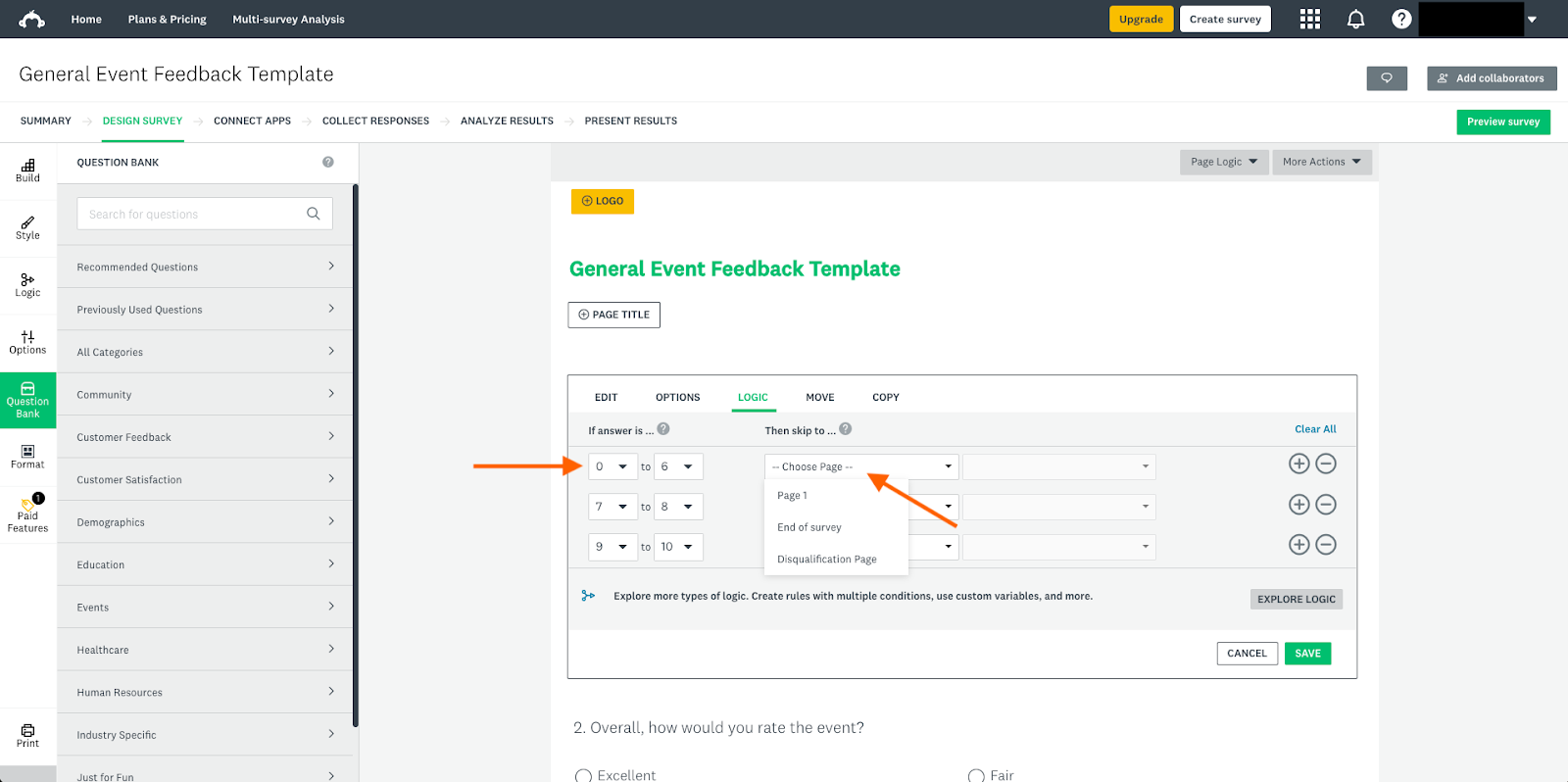 Screenshot of SurveyMonkey conditional logic options