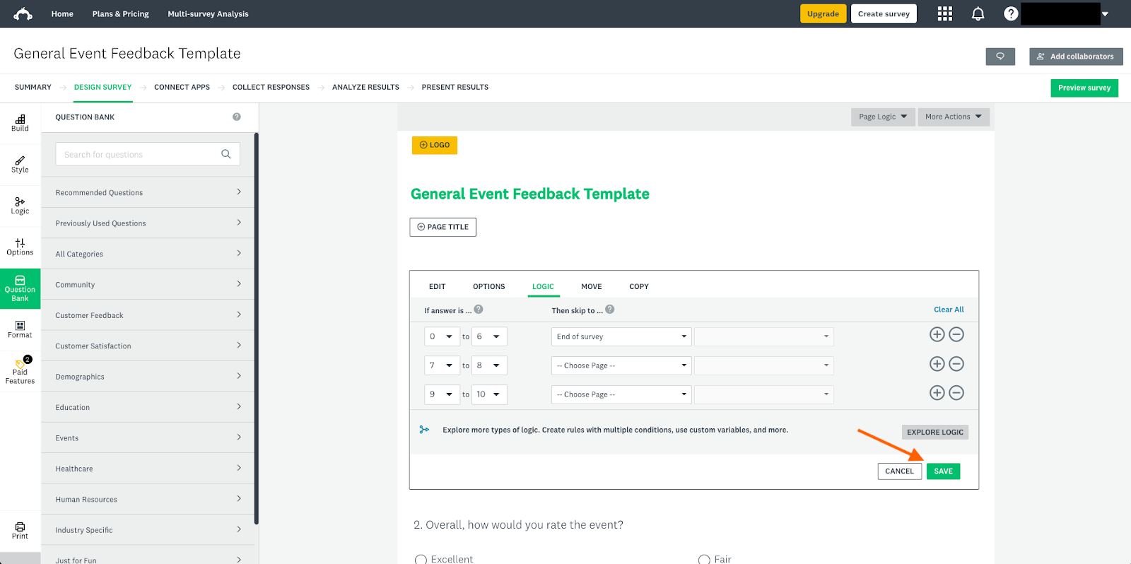 Screenshot of the logic options for a question in SurveyMonkey