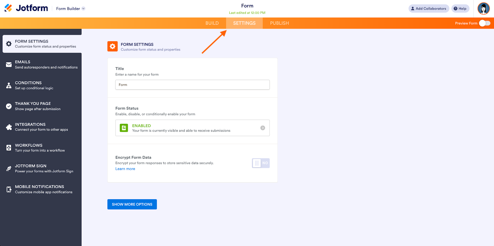 Screenshot of the Settings tab in the Jotform Form Builder