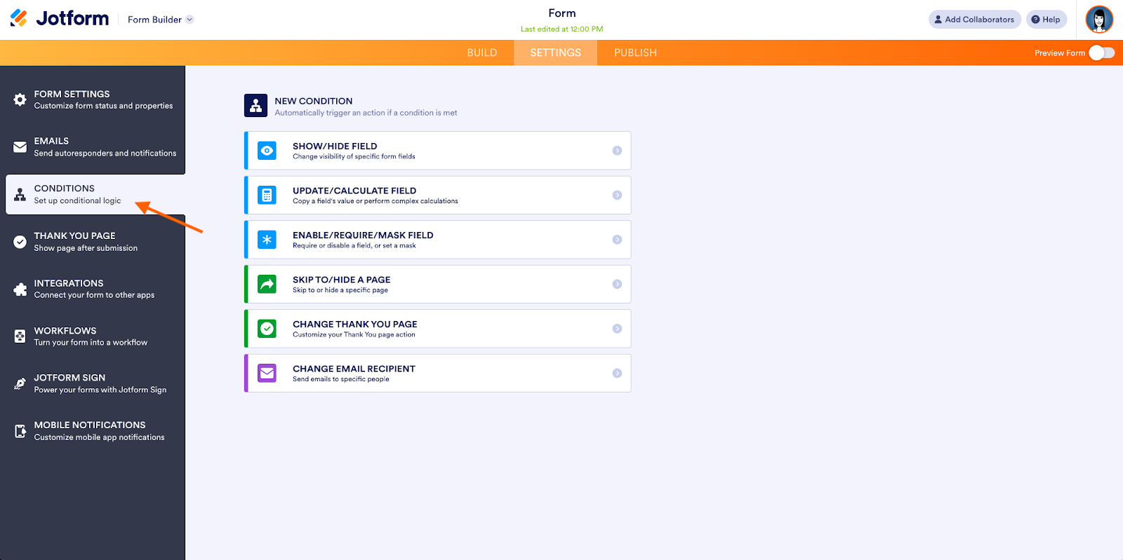 Screenshot of conditional logic options in Jotform