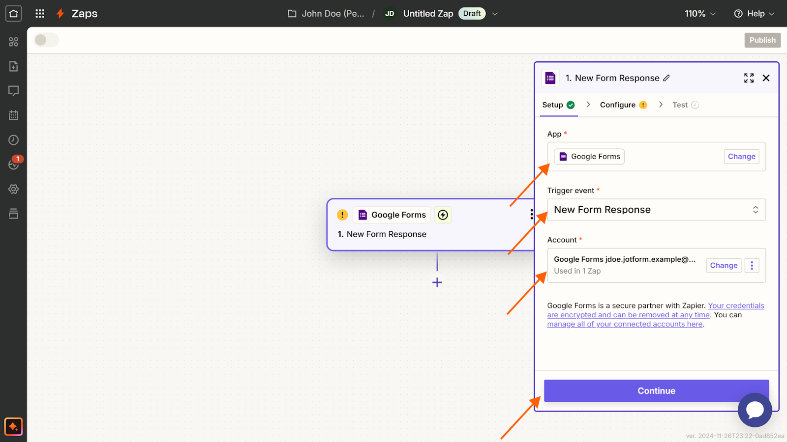 Screenshot of a Zapier Zap, with arrows pointing to the "App," "Trigger event," and "Account" dropdowns, as well as the "Continue" button