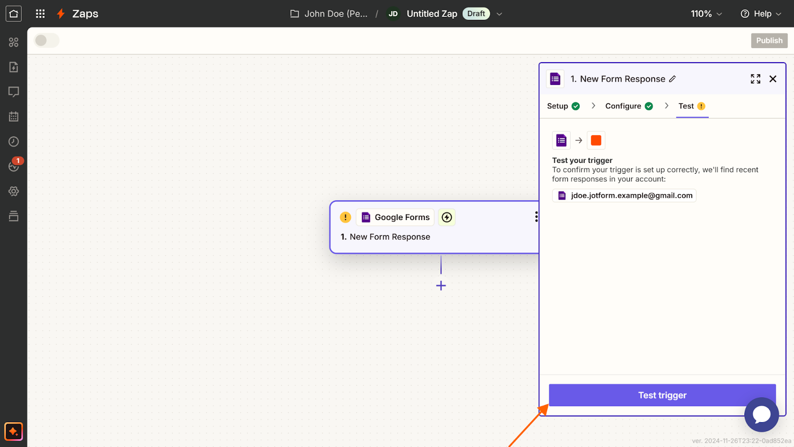 Screenshot of a Zapier Zap, with an arrow pointing to the "Test trigger" button