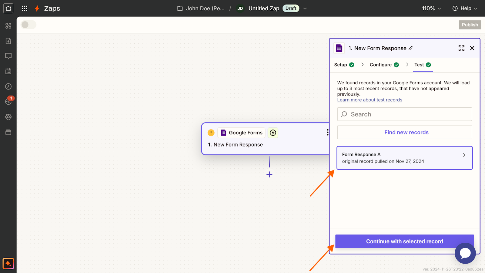 Screenshot of a Zapier Zap, with arrows pointing to a selected form response and the "Continue with selected record" button
